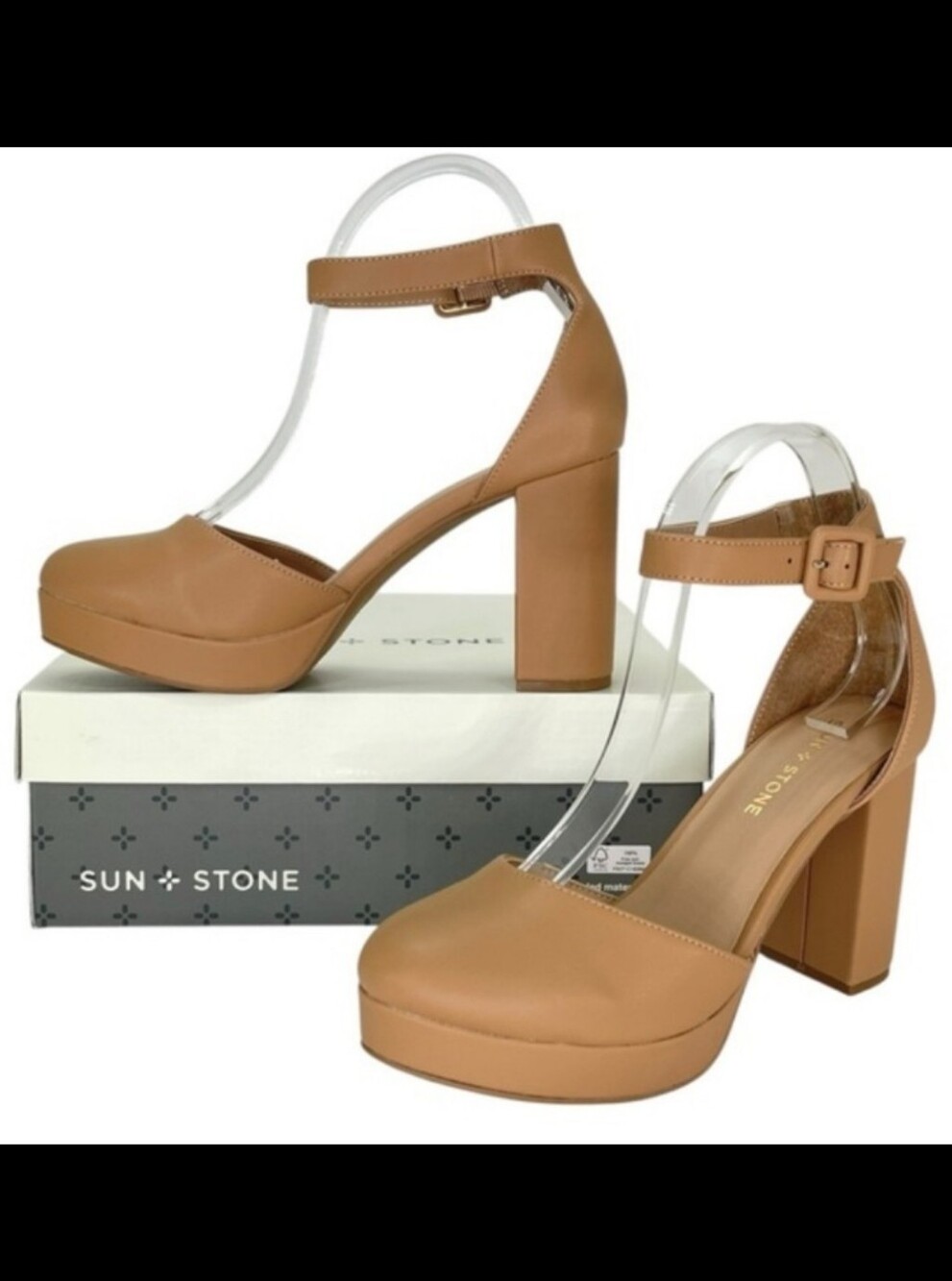 SUN + STONE Women's Tan Platform Ankle Strap Heels Size 7 EXCELLENT CONDITION!!